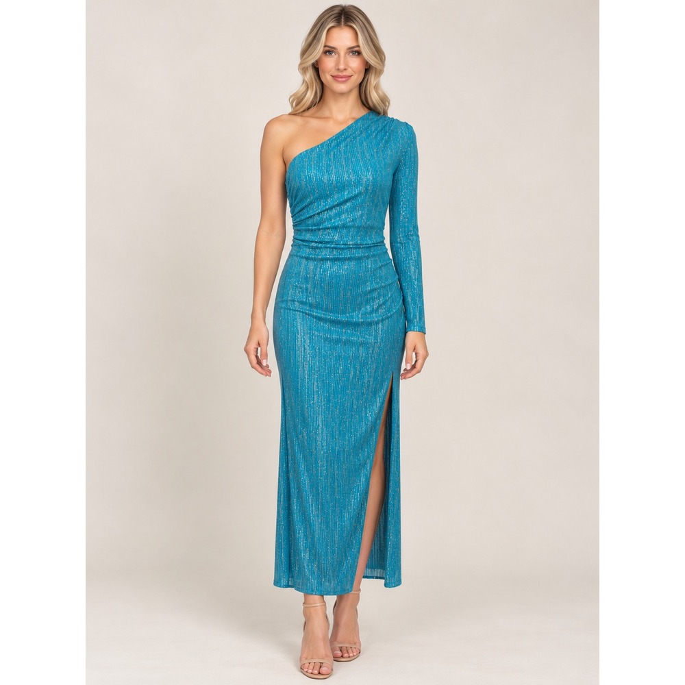 Ramy Brook Turquoise Metallic One Shoulder Long Sleeve Formal Gown Dress Size 2